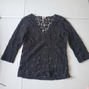 Y2K Whimsigoth Shirt Womens Large Black Lace V Neck 3/4 Sleeve Sheer Party Top